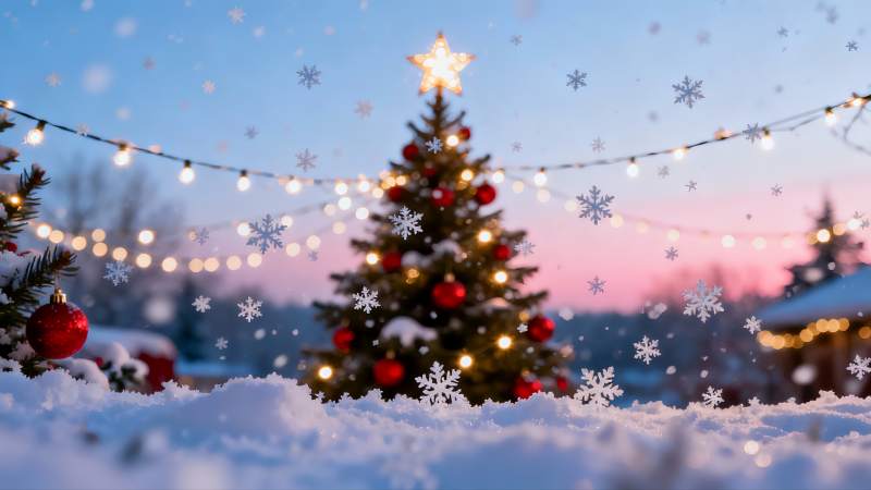 雪夜圣诞树灯光闪烁图片