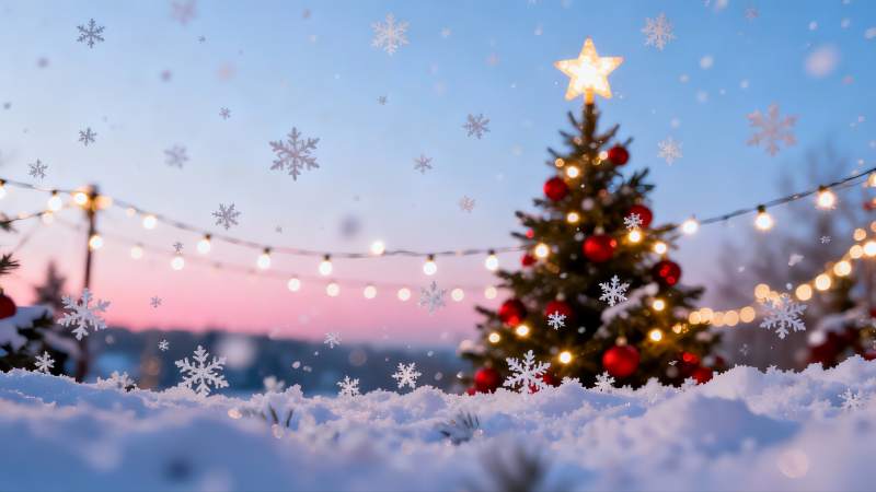 雪夜圣诞树灯光闪烁图片