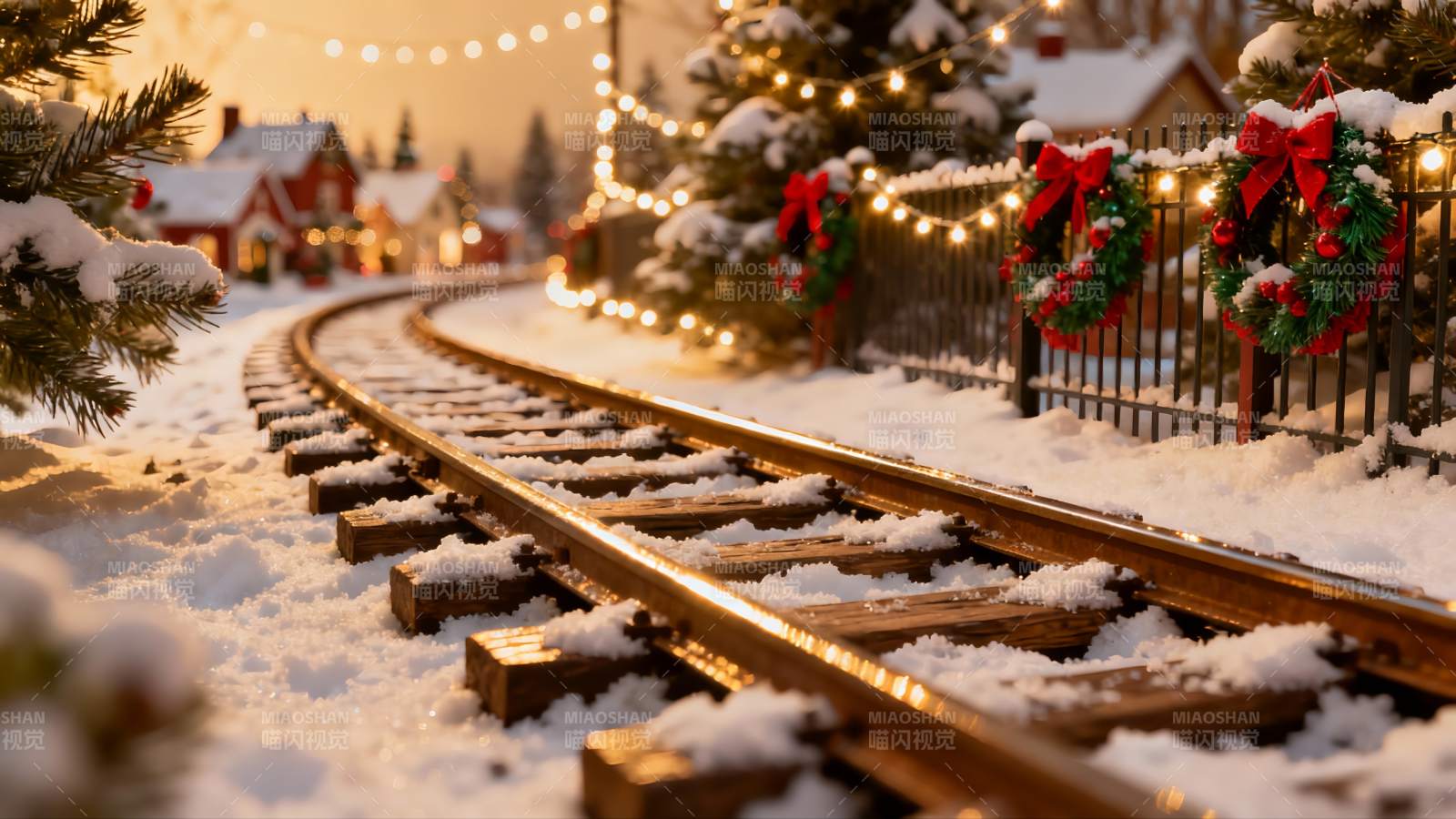 雪夜铁轨旁的圣诞装饰图片