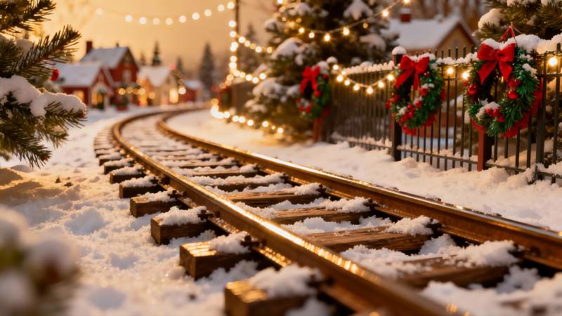 雪夜铁轨旁的圣诞装饰图片