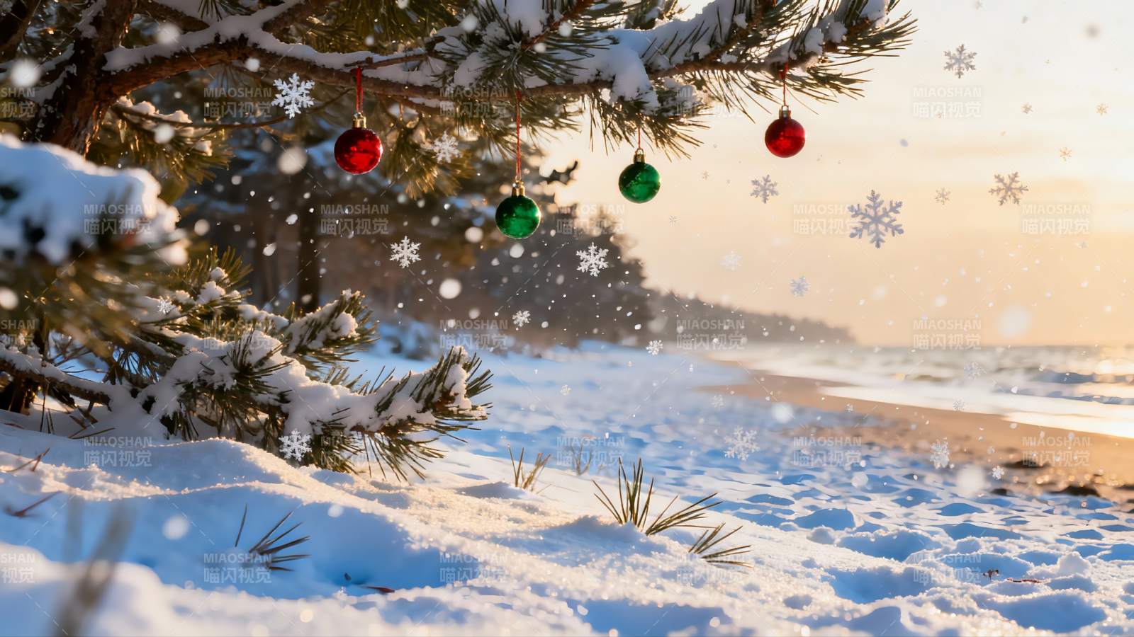 雪地圣诞松枝挂饰图片