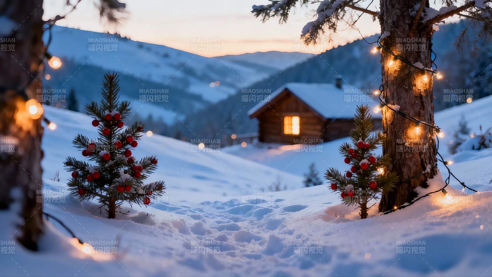 雪夜木屋灯光闪烁图片