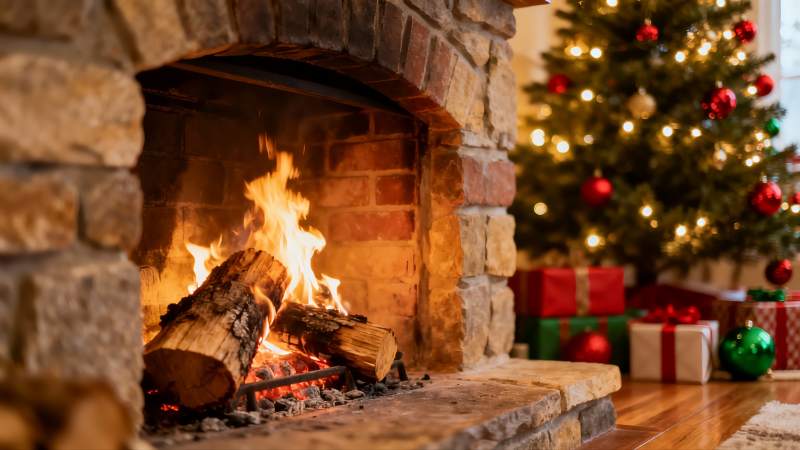 壁炉旁的圣诞树与礼物图片