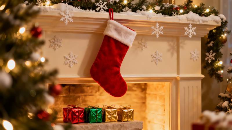 圣诞壁炉挂袜与礼物图片