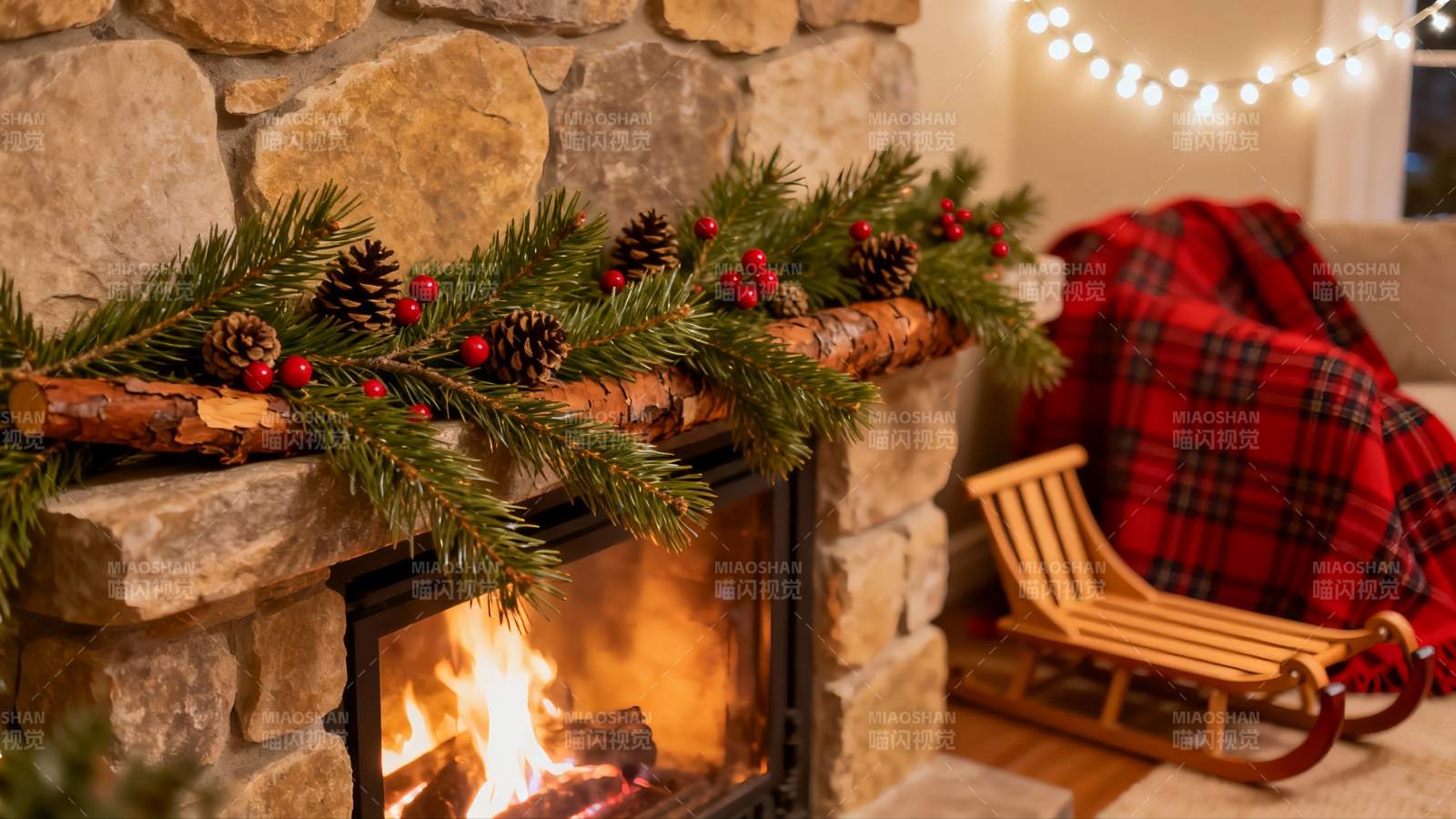 壁炉旁圣诞装饰温馨场景图片