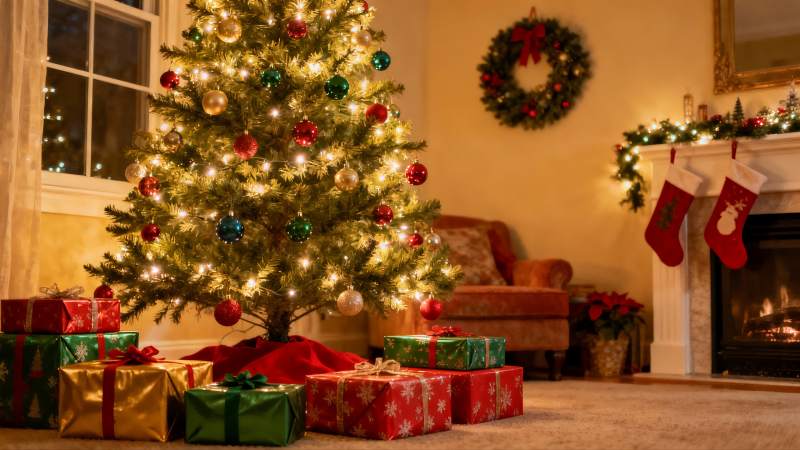 温馨圣诞树与礼物装饰场景图片