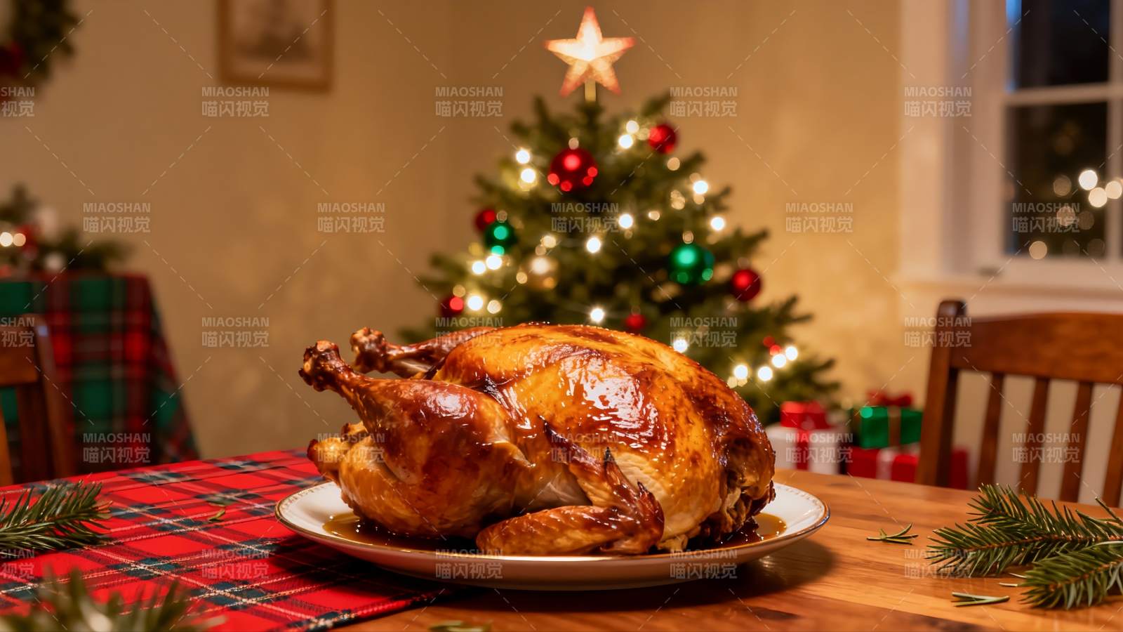 圣诞餐桌烤火鸡与装饰树图片