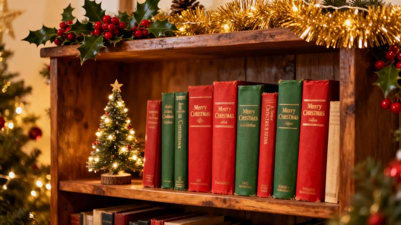 圣诞书架装饰温馨节日氛围图片