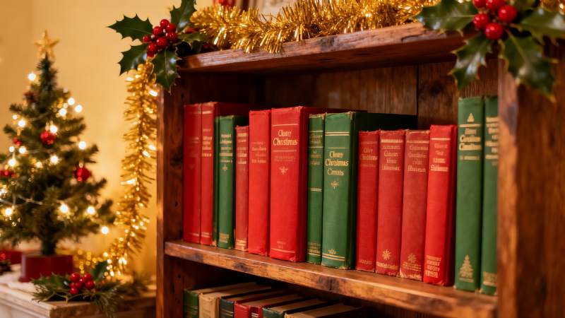圣诞书架节日装饰温馨场景图片