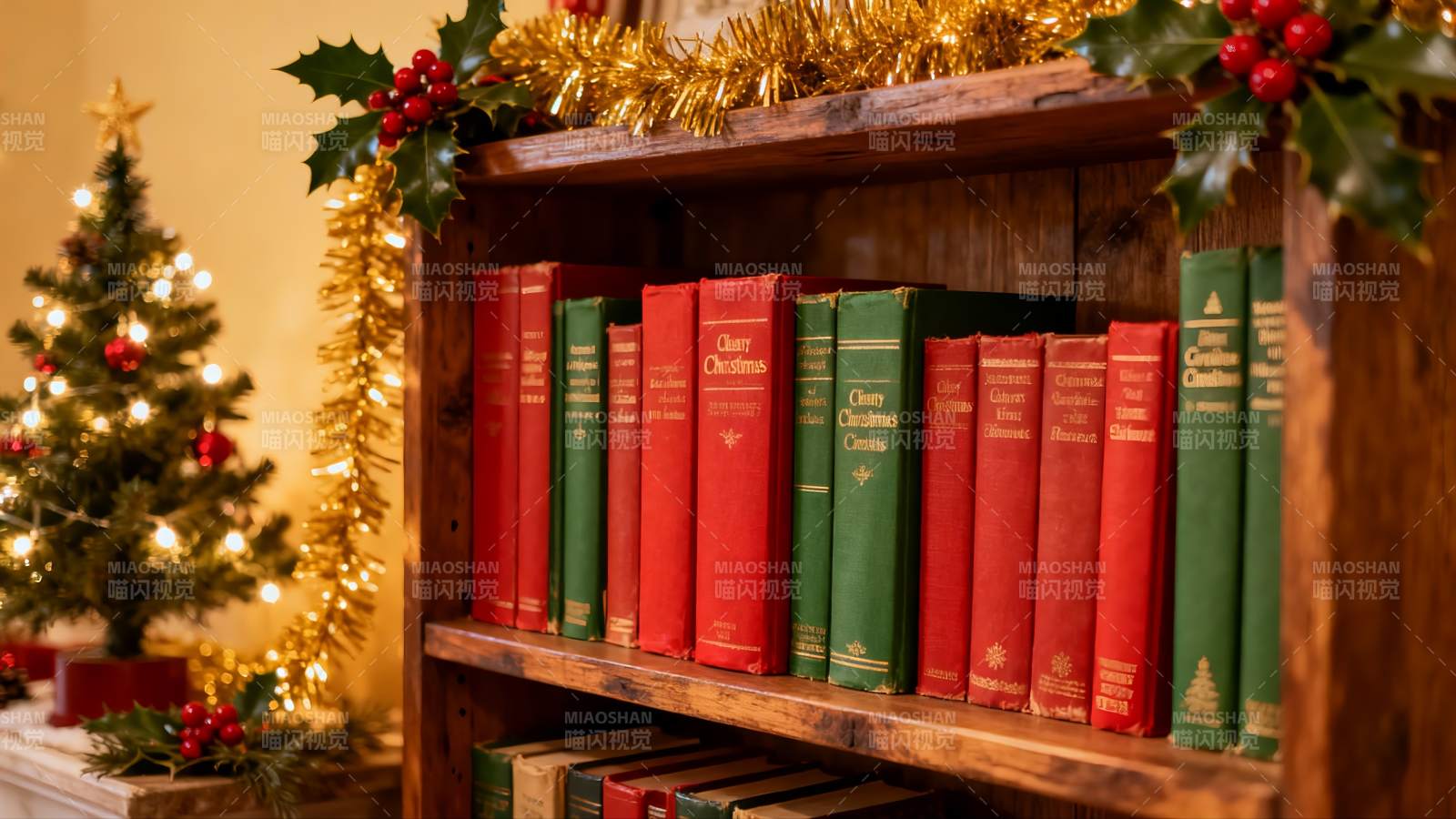 圣诞书架节日装饰温馨场景图片