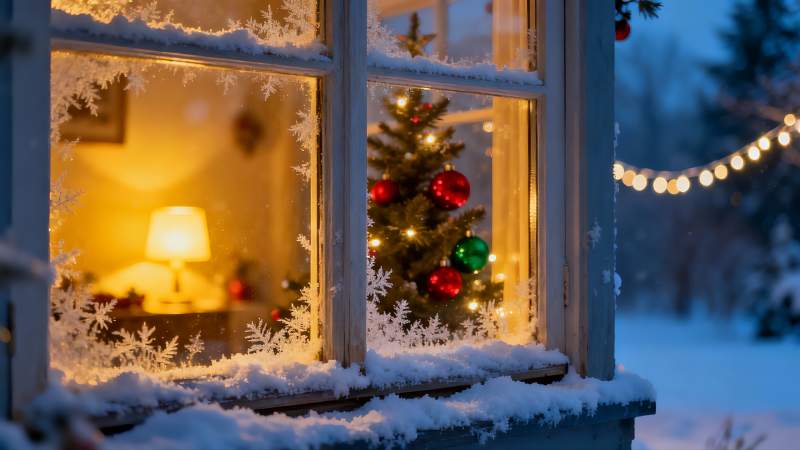 雪夜窗前圣诞树温馨场景图片