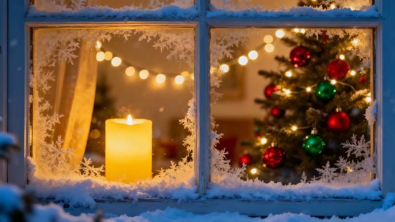 窗外雪夜圣诞树与烛光图片