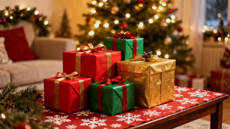 圣诞树前的礼物盒图片