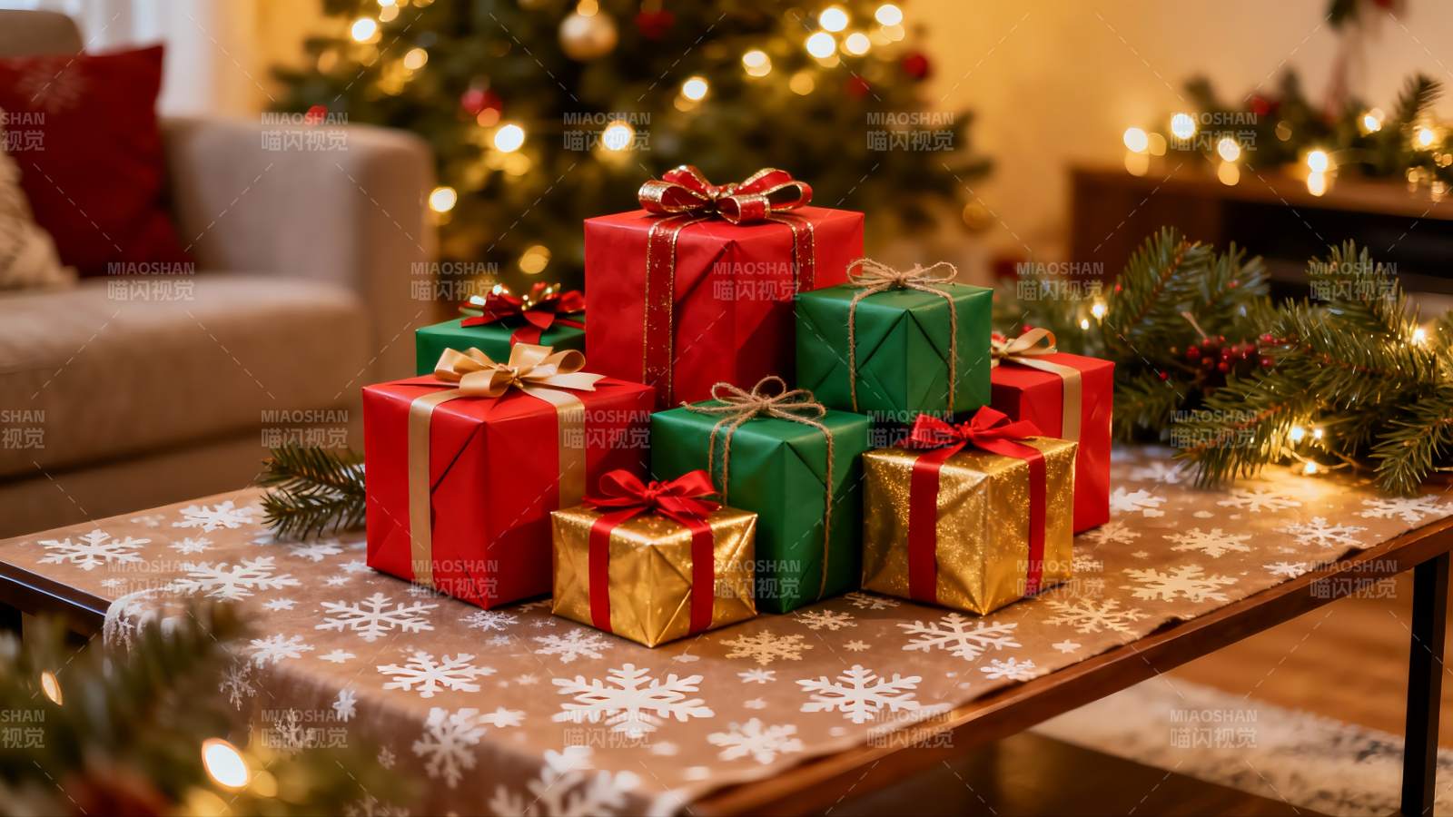 圣诞礼物堆叠温馨节日场景图片