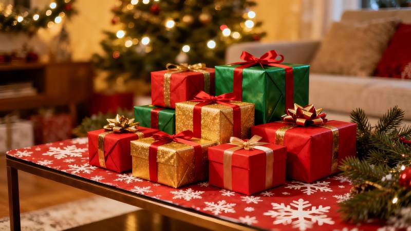 圣诞礼物堆叠温馨节日场景图片