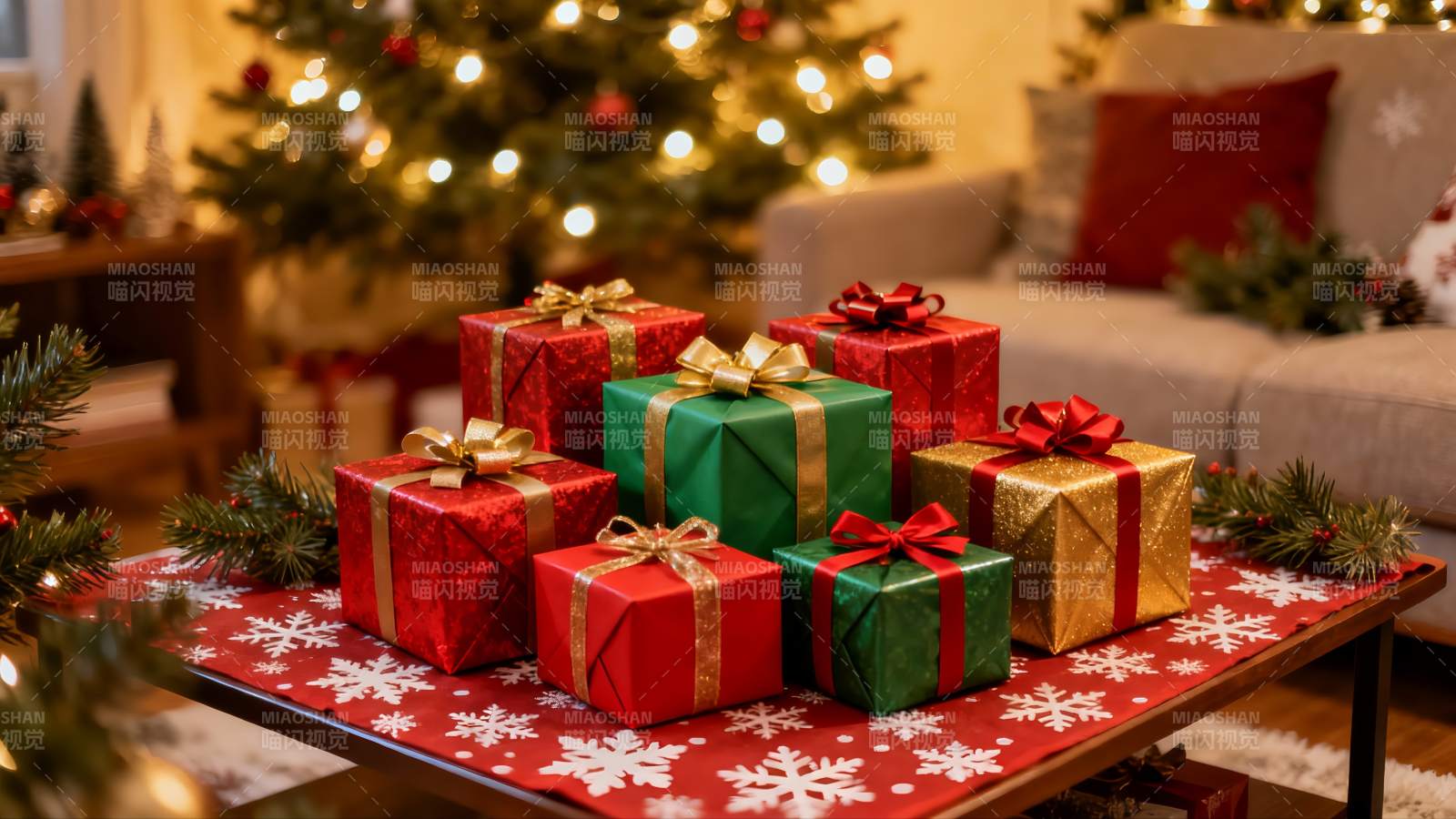 圣诞礼物摆放在客厅茶几上图片