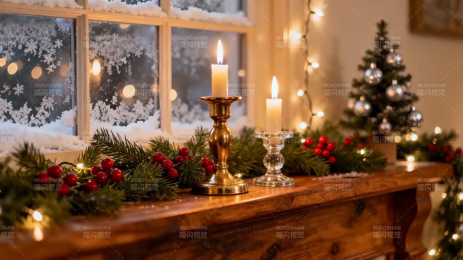 圣诞窗台烛光装饰温馨图片