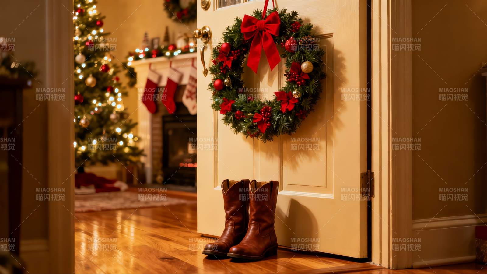 圣诞门廊装饰与靴子图片