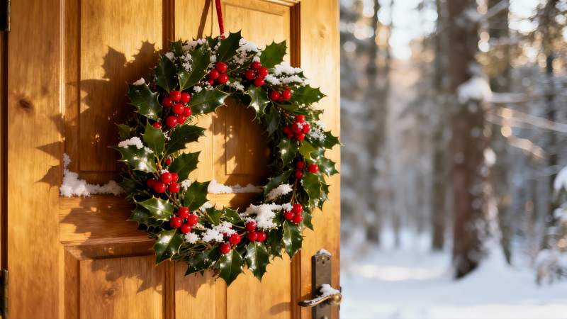 雪中木门上的圣诞花环图片