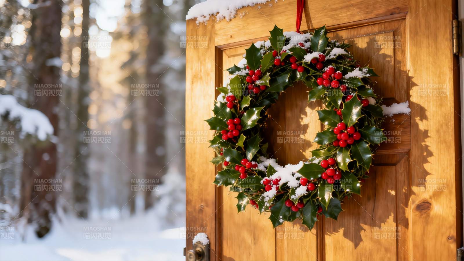 雪中木门挂圣诞花环图片
