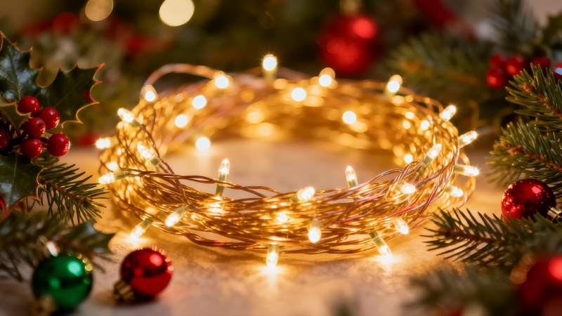 圣诞灯饰环绕绿叶与彩球图片