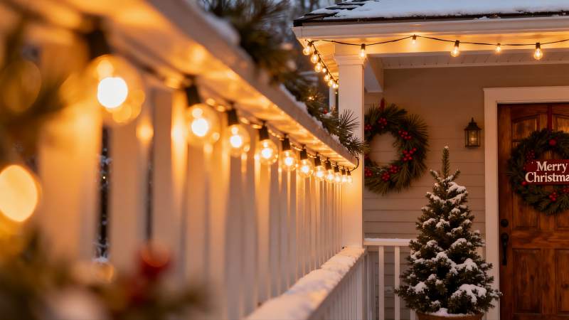 冬日圣诞装饰的温馨门廊图片