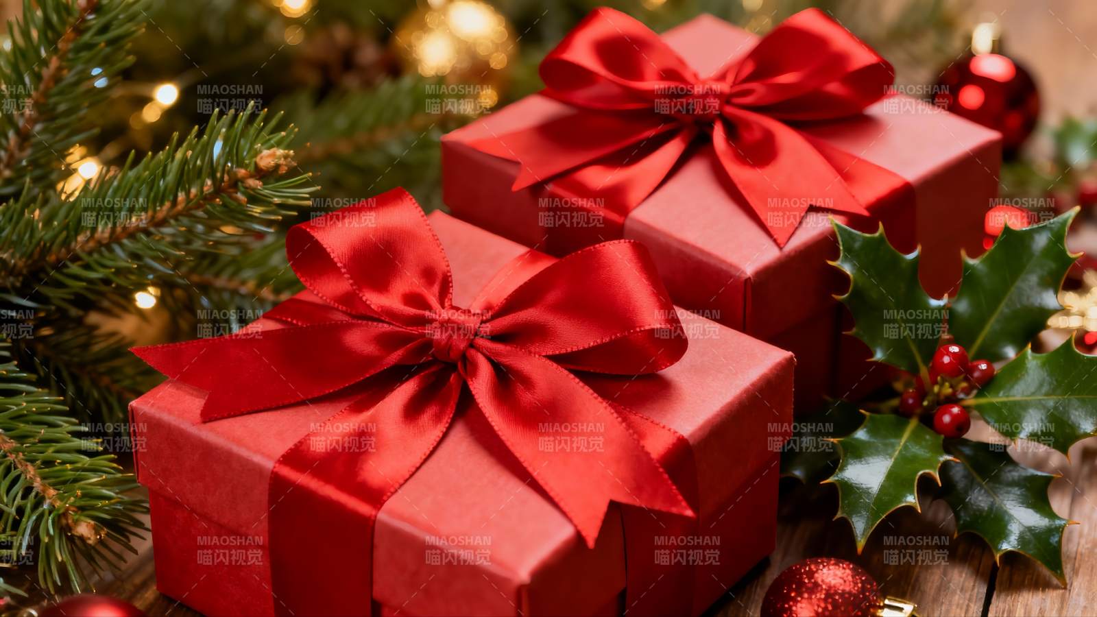 圣诞红礼盒与绿枝装饰图片