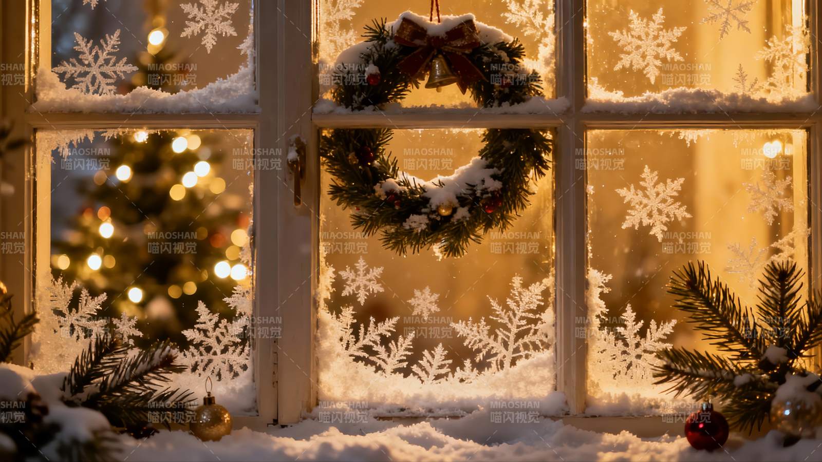 圣诞窗景雪夜温馨图片