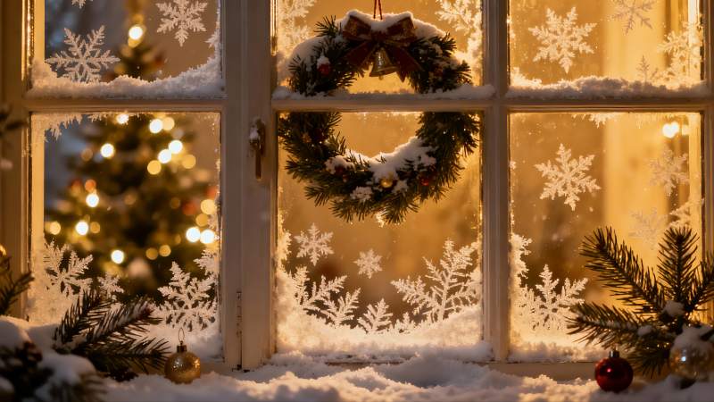 圣诞窗景雪夜温馨图片