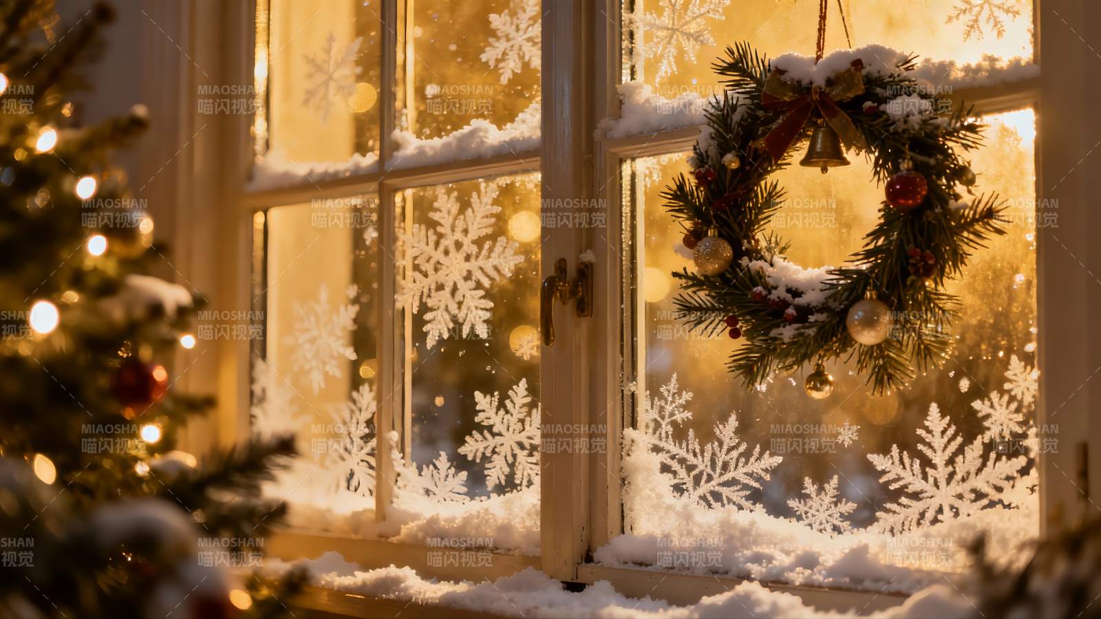窗前圣诞花环雪景温馨图片