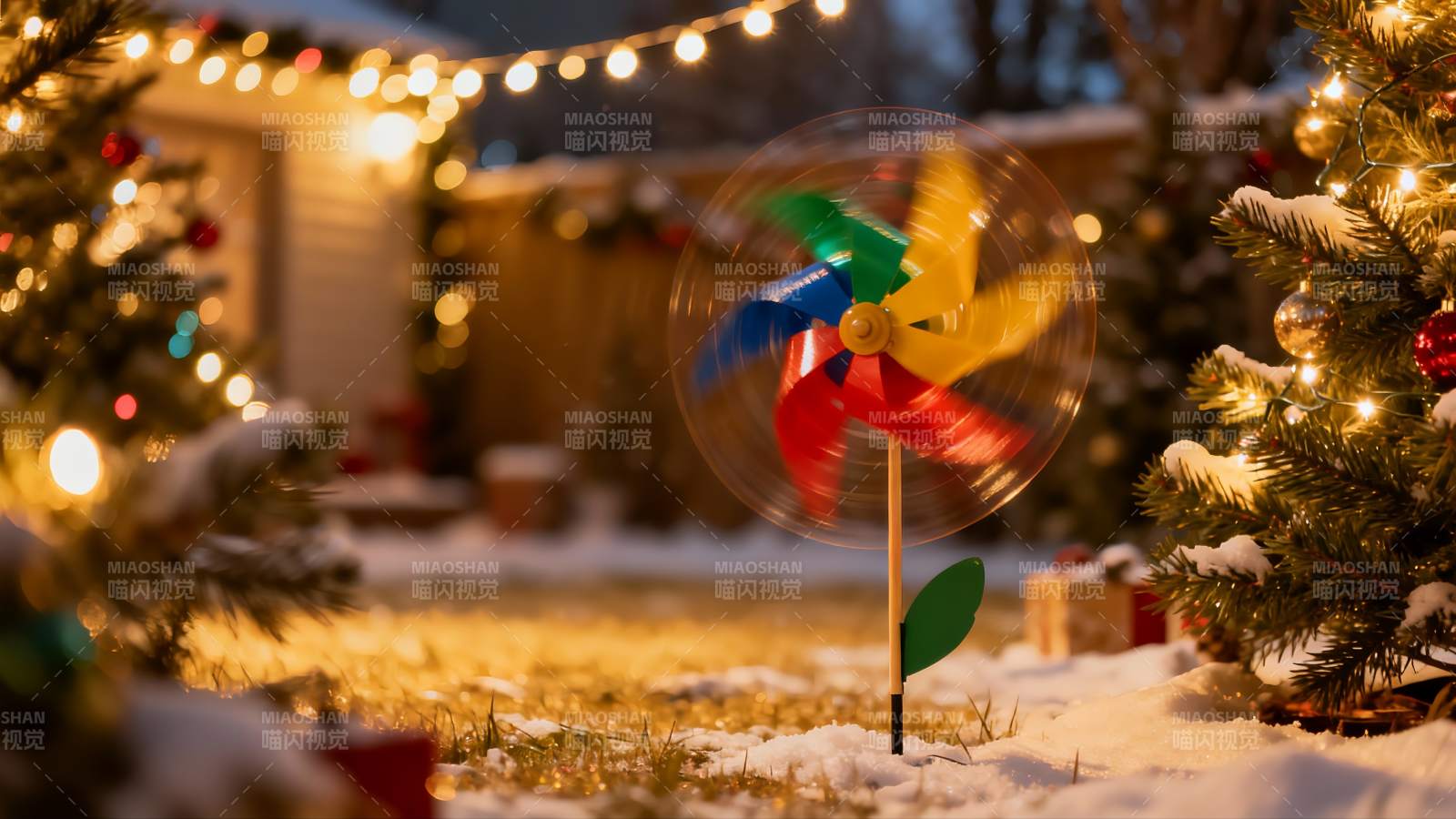 雪地圣诞树旁的彩色风车图片