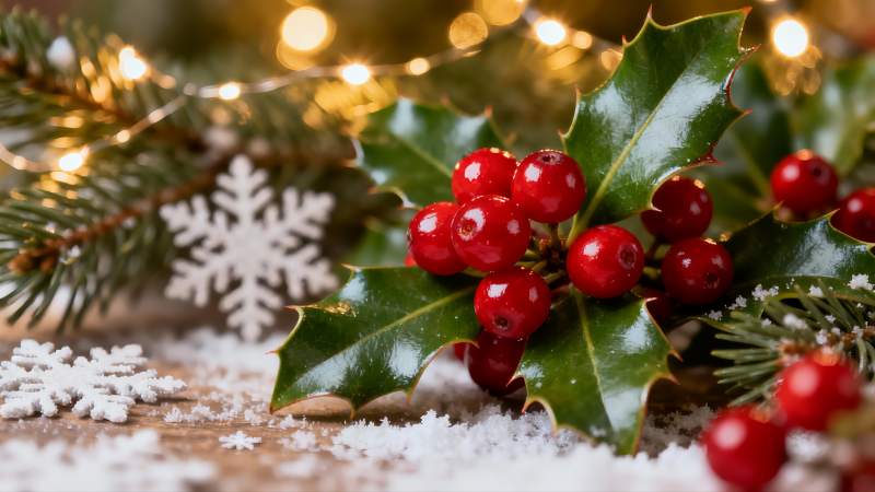 圣诞红果绿叶雪景图片