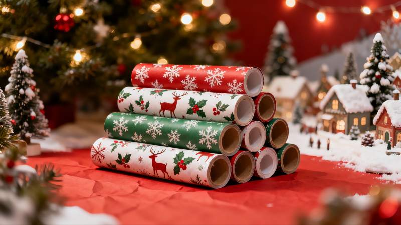 圣诞包装纸堆叠节日场景图片