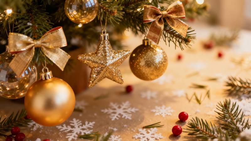 圣诞树装饰特写金色饰品图片