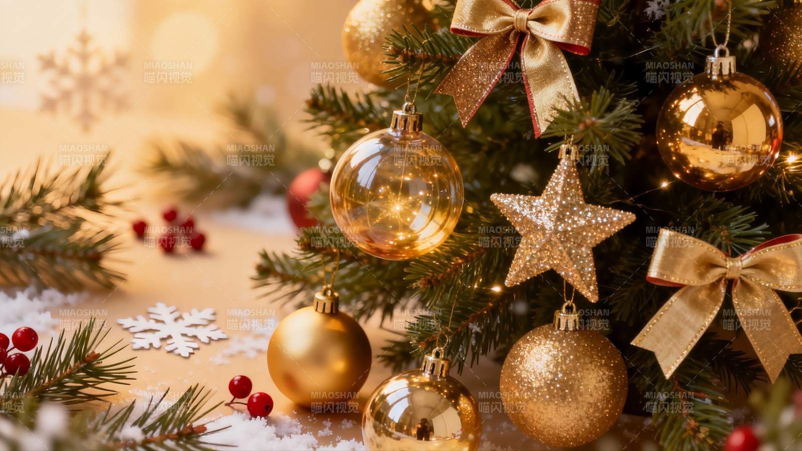 圣诞树装饰特写金色闪耀图片