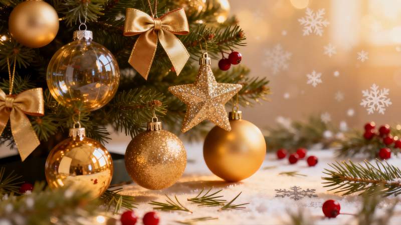 圣诞树装饰金球与雪花图片