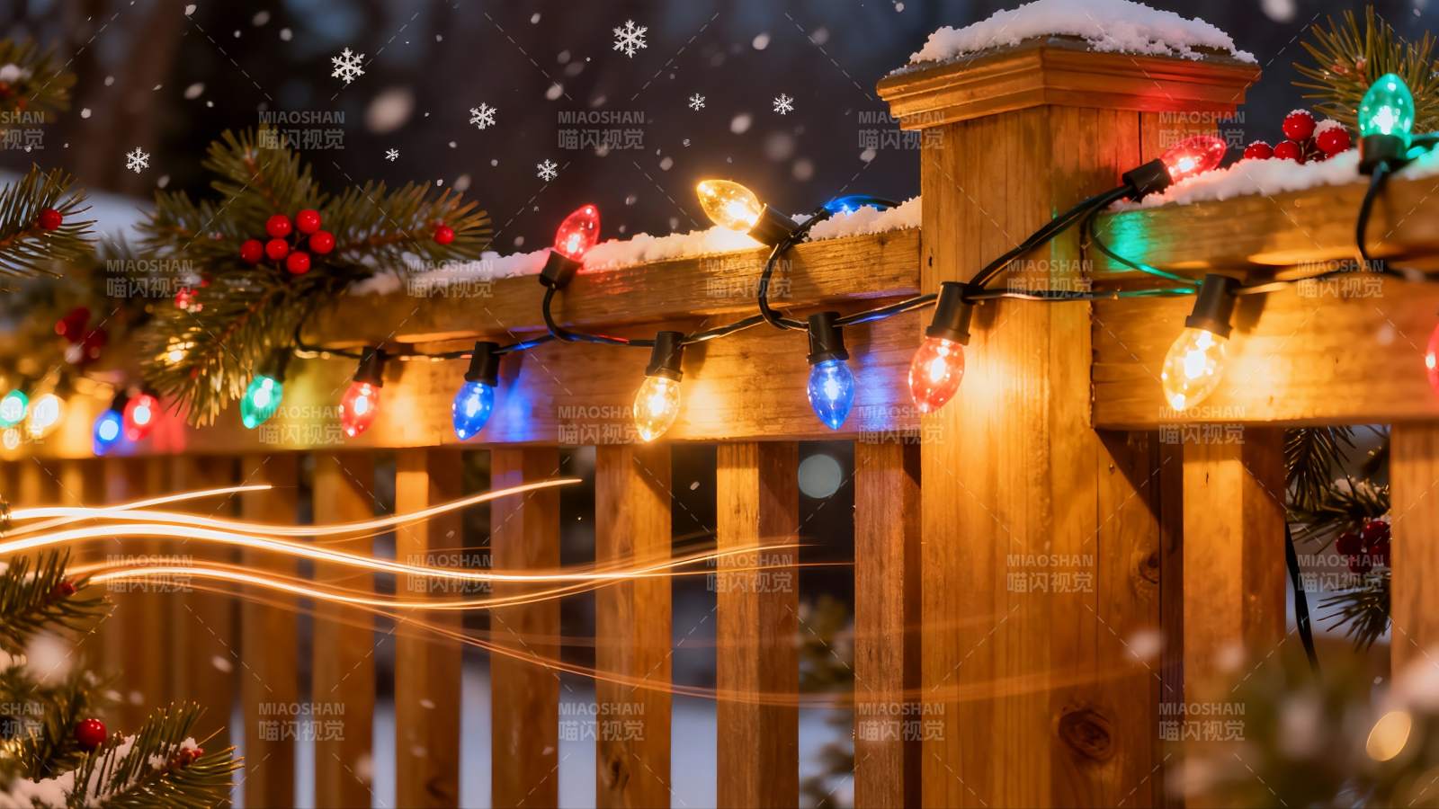 雪夜木栏彩灯闪烁图片