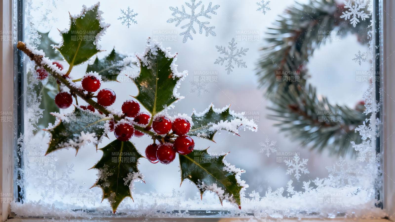 窗前雪覆冬青与松环图片