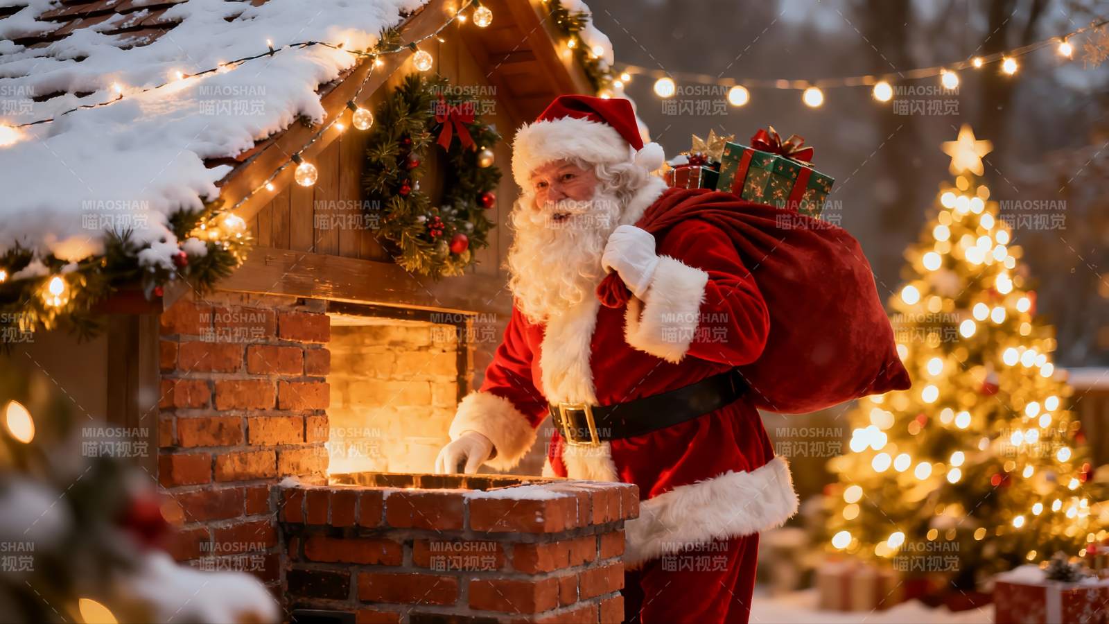 圣诞老人雪夜送礼温馨场景图片