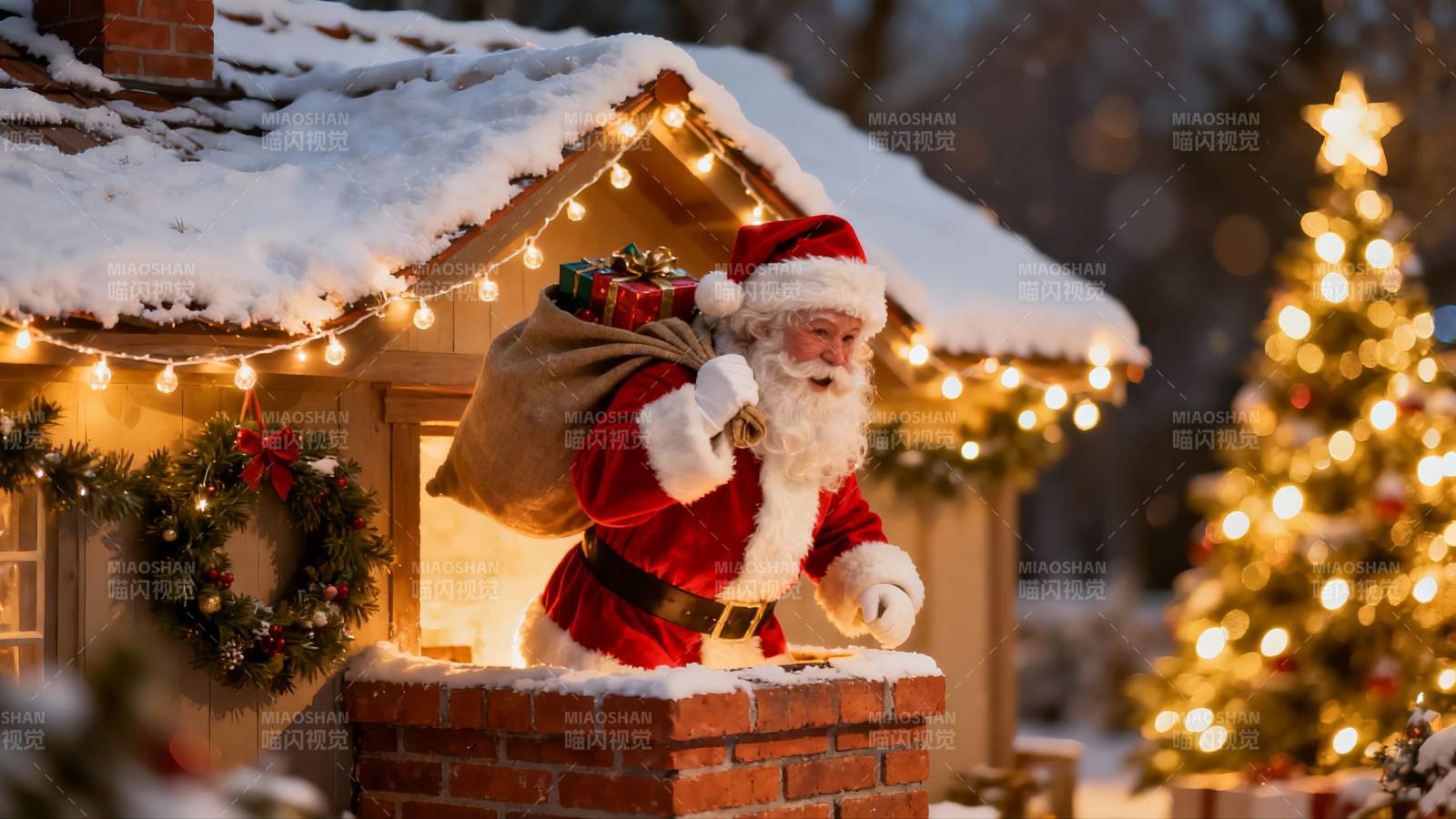 圣诞老人雪夜送礼场景图片