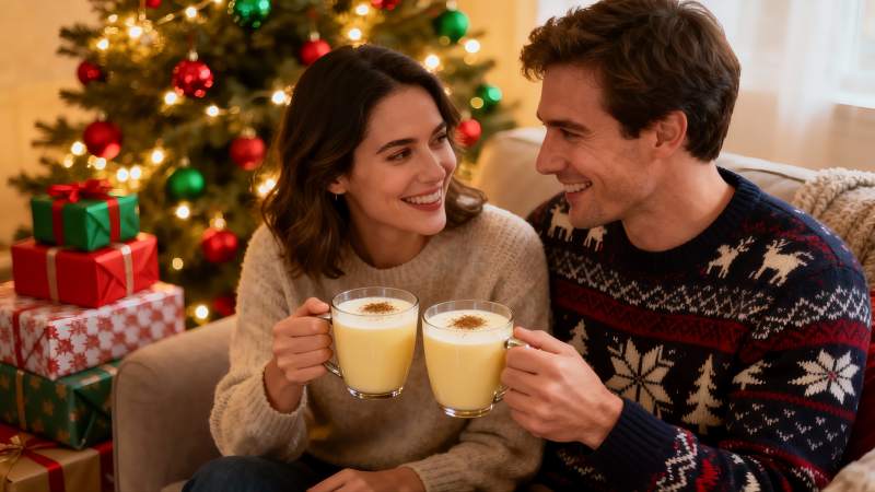 圣诞夜情侣举杯共饮温馨时刻图片