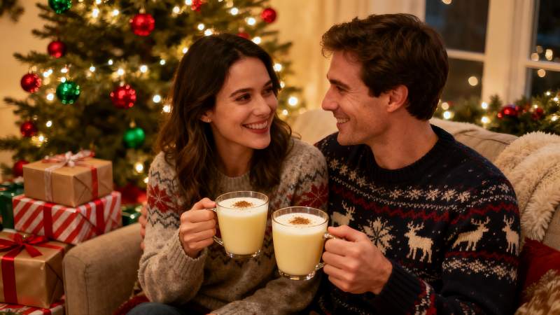 圣诞树前情侣举杯欢庆图片