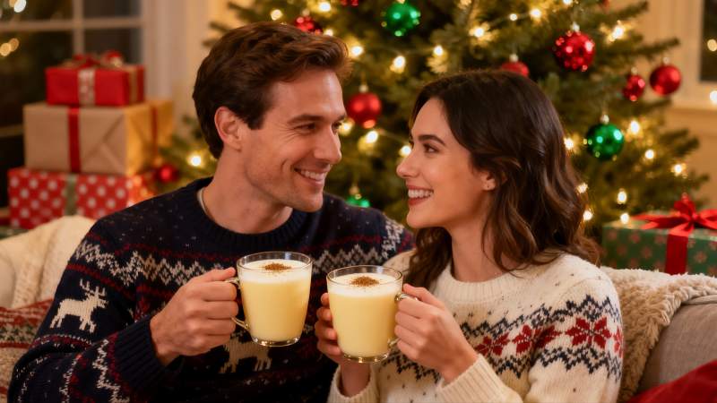 圣诞树前情侣举杯欢庆图片