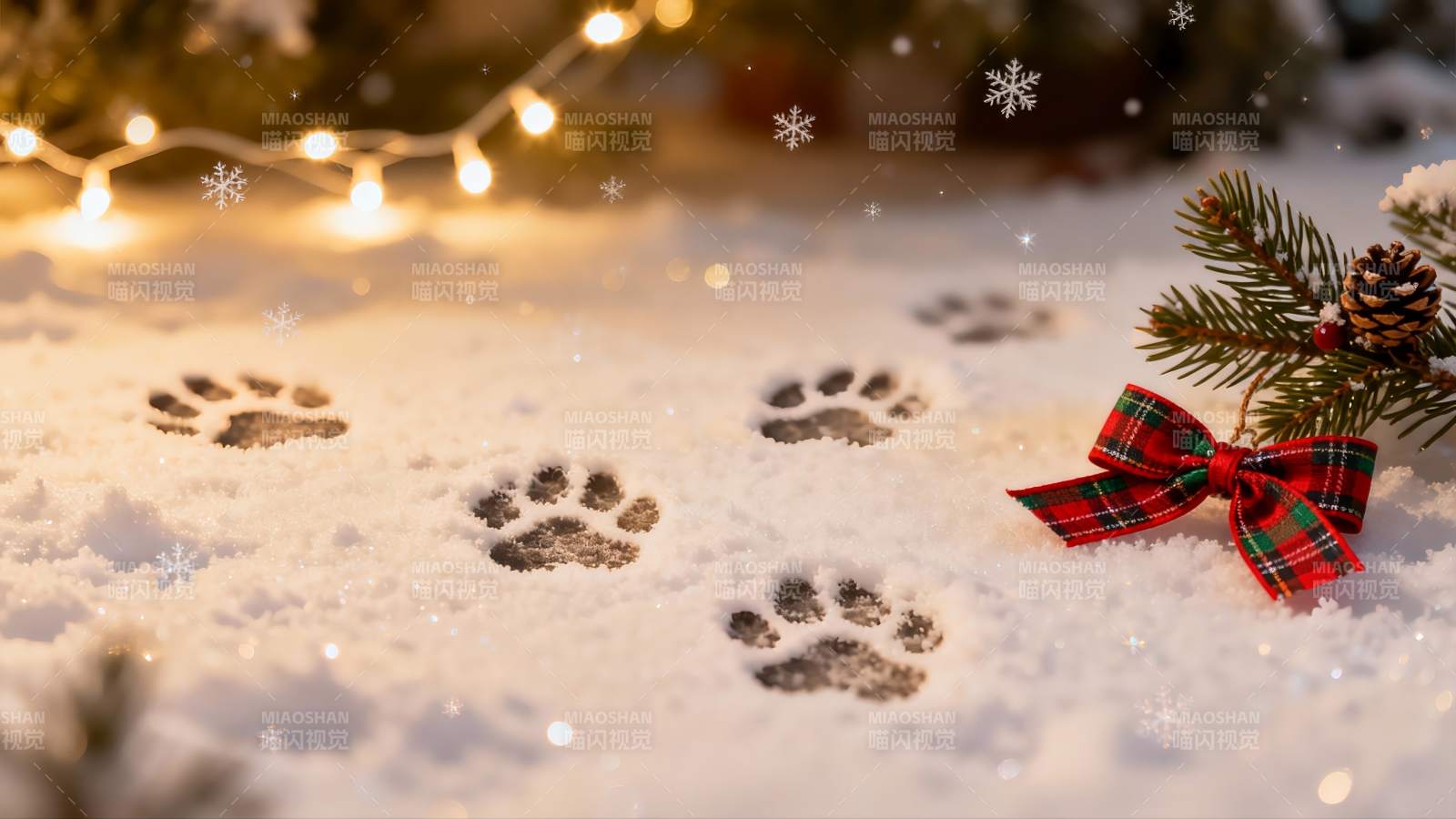 雪地爪印圣诞装饰温馨场景图片