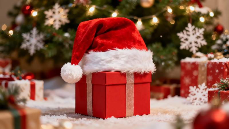 圣诞礼物盒配红色帽子图片