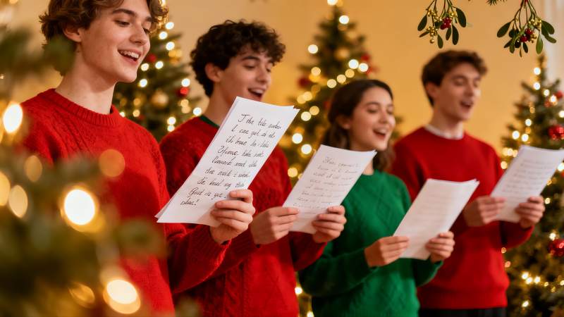 圣诞树前四人合唱欢乐场景图片