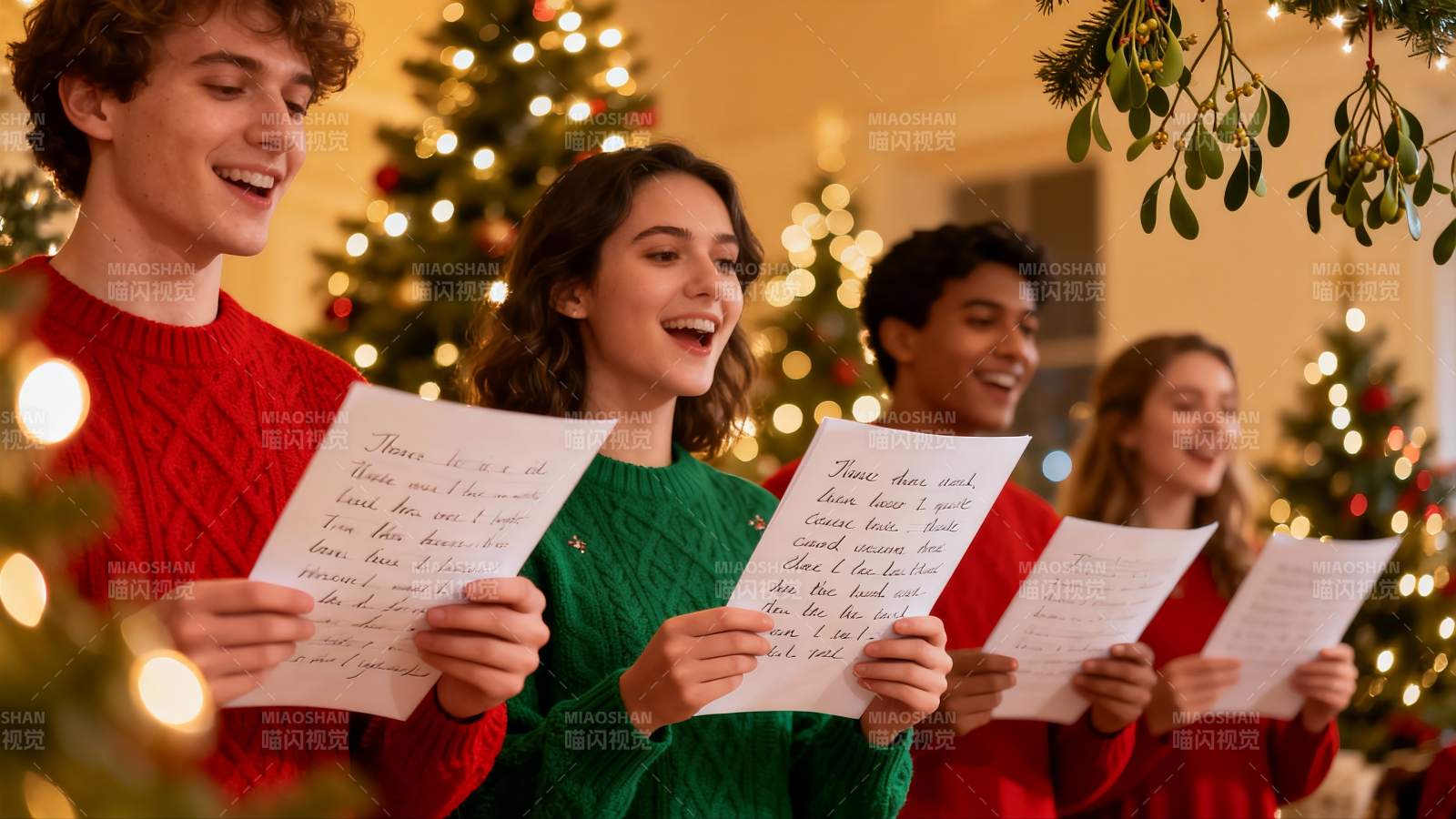 圣诞派对四人合唱欢乐场景图片