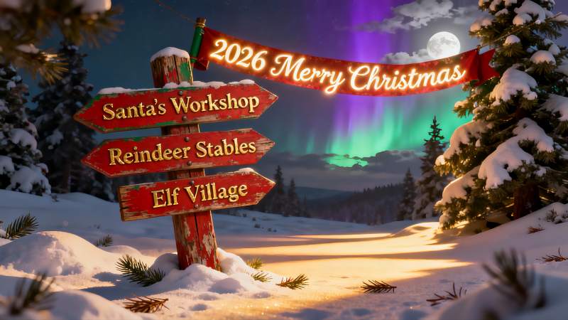 雪夜圣诞路标指引梦幻场景图片