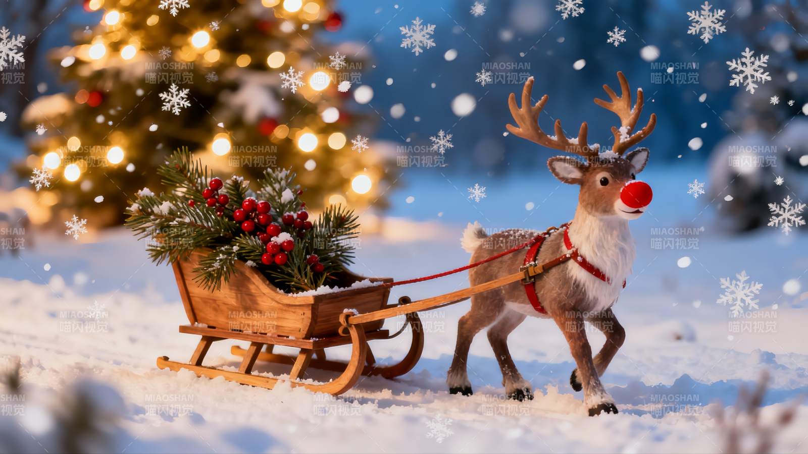 雪地驯鹿拉雪橇圣诞场景图片