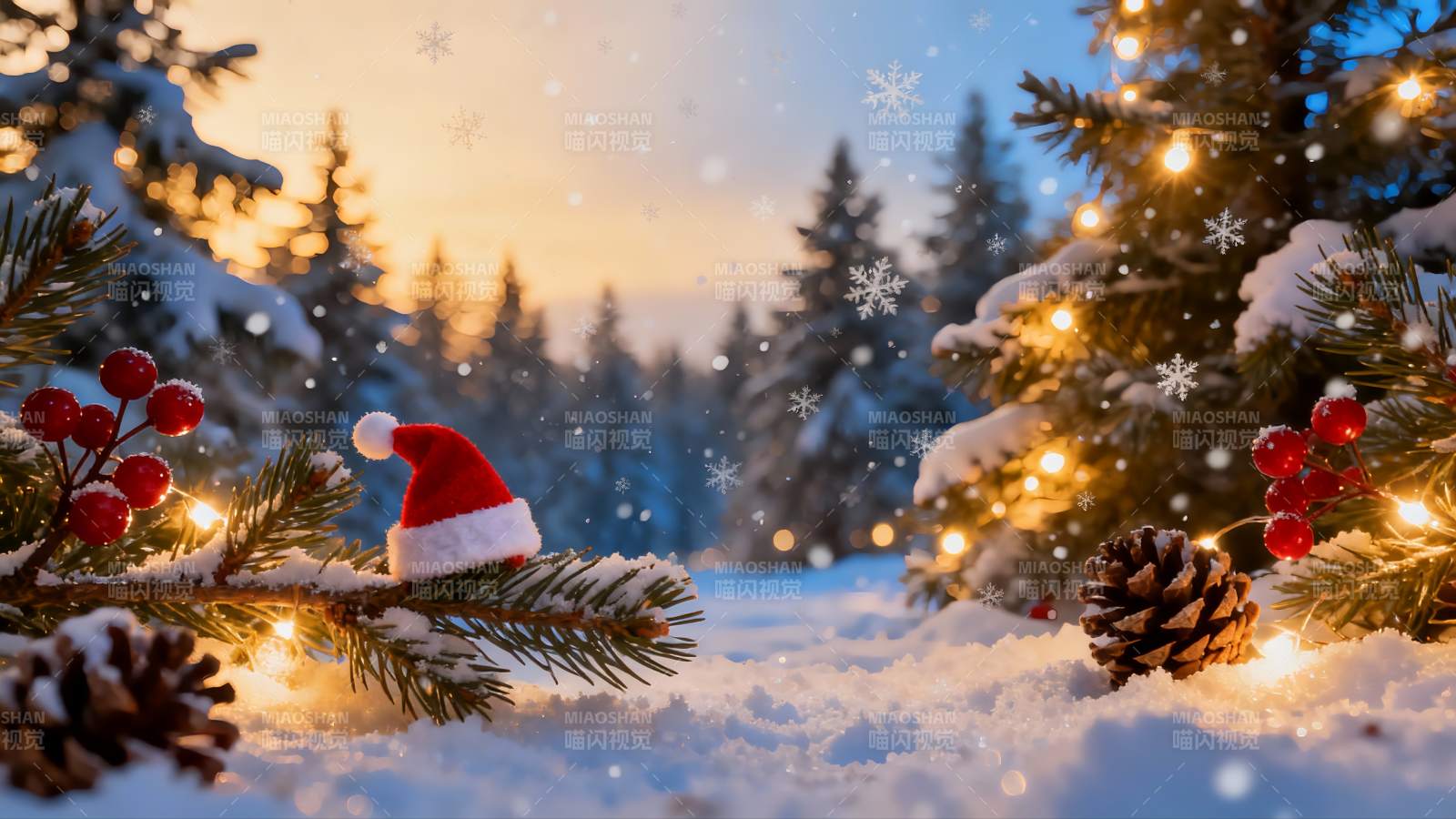 雪夜圣诞树下的温馨场景图片